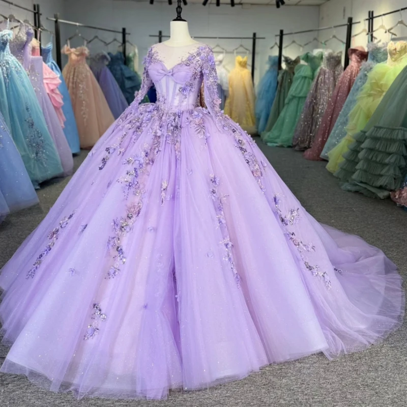 Light Lilac Shiny Princess Off the Shoulder Sweet 16 Dress Quinceanera Dresses Applique Flower Beads Tull Party Birthday Vestido