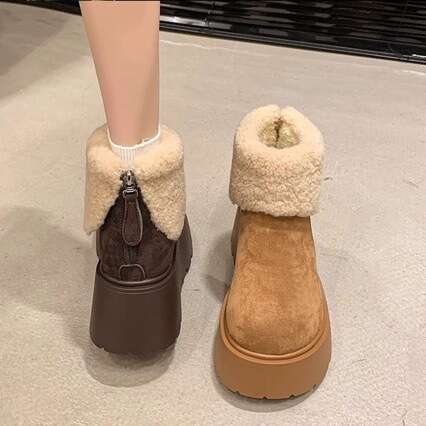 Thick-Soled Height-Increasing Snow for Women 2025 New Winter Designer Shoe Fleece-Lined Warm Furry Short Boots Fashionable Ugly-Cute Big-Toe Cotton Sh