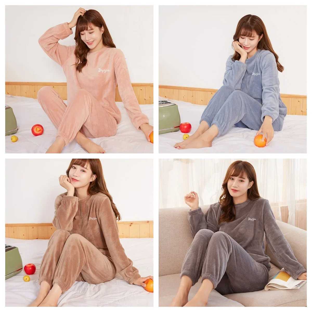 New Women Cozy Loose Set Top Homewear Longsleeved lax 2 Piece Solid color Warm Pyjamas Autumn Winter Pajamas Warm Coral FleeceT251029