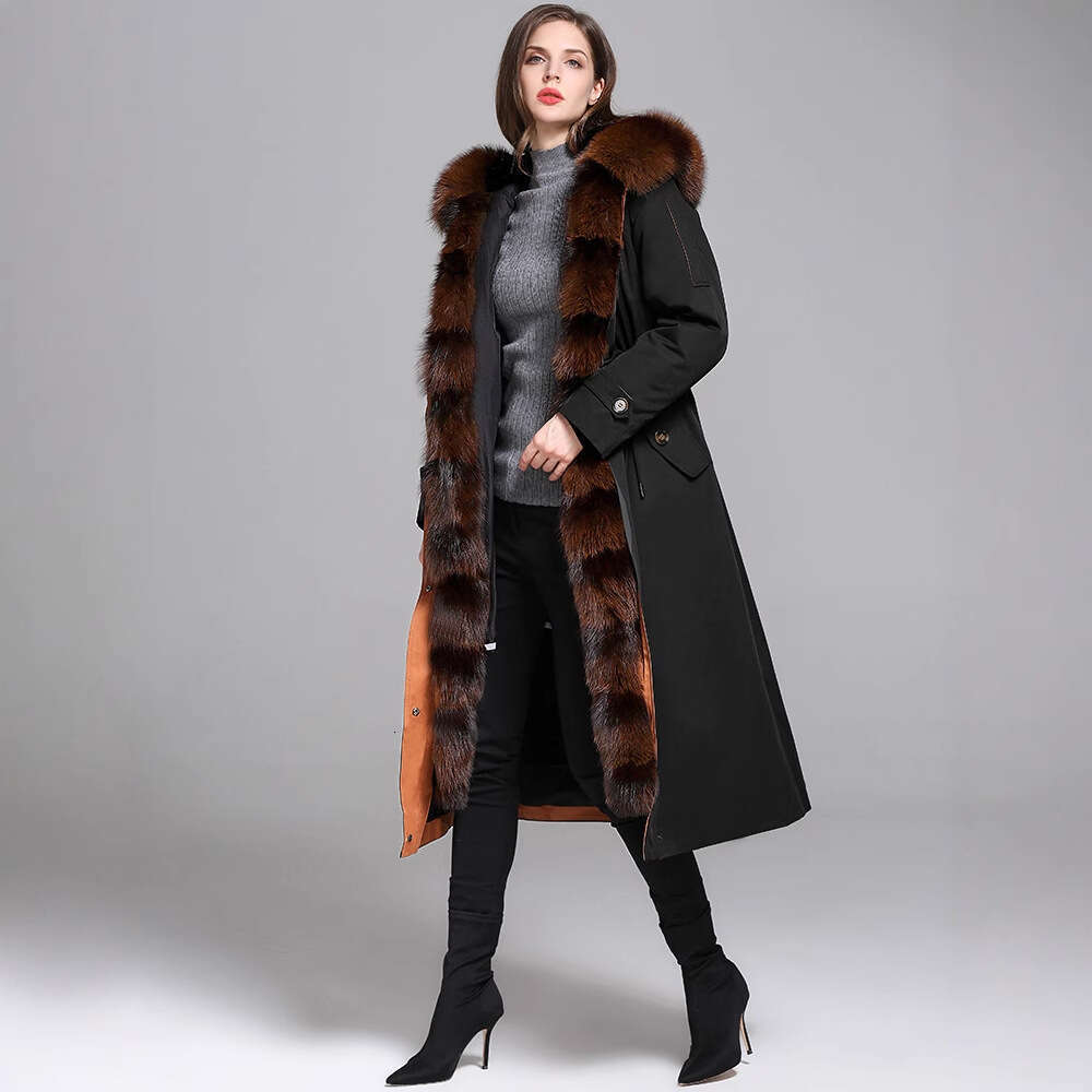 2025 Winter New Style Placket Fox Collar Parka Women's Hooded Long Coat Rex Rabbit Inner Lining Fur Jacket