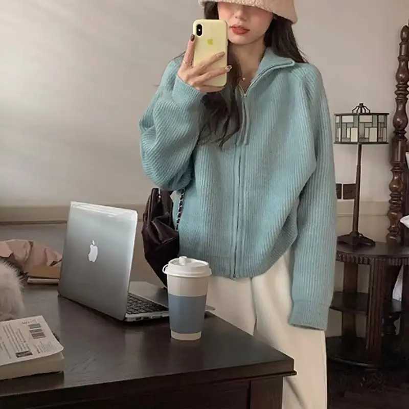 Lapel Double Zipper Sweater for Women in Spring and Autumn New Lazy Style Sweater Cardigan Stand Collar JacketT251028