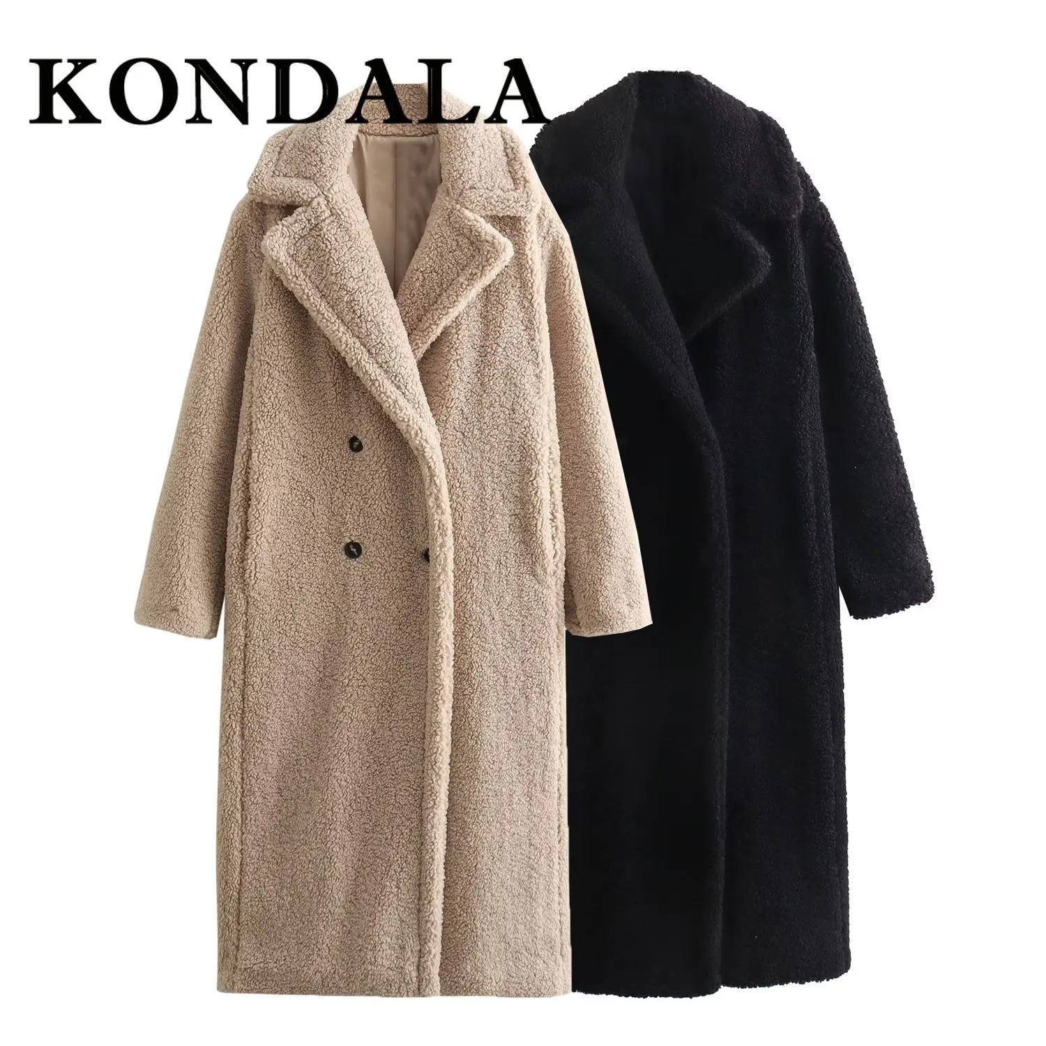 KONDALA Winter Women Casual Solid Coat Double Breasted Fleece Loose Fit Long Vintage Oversized Jacket 251028
