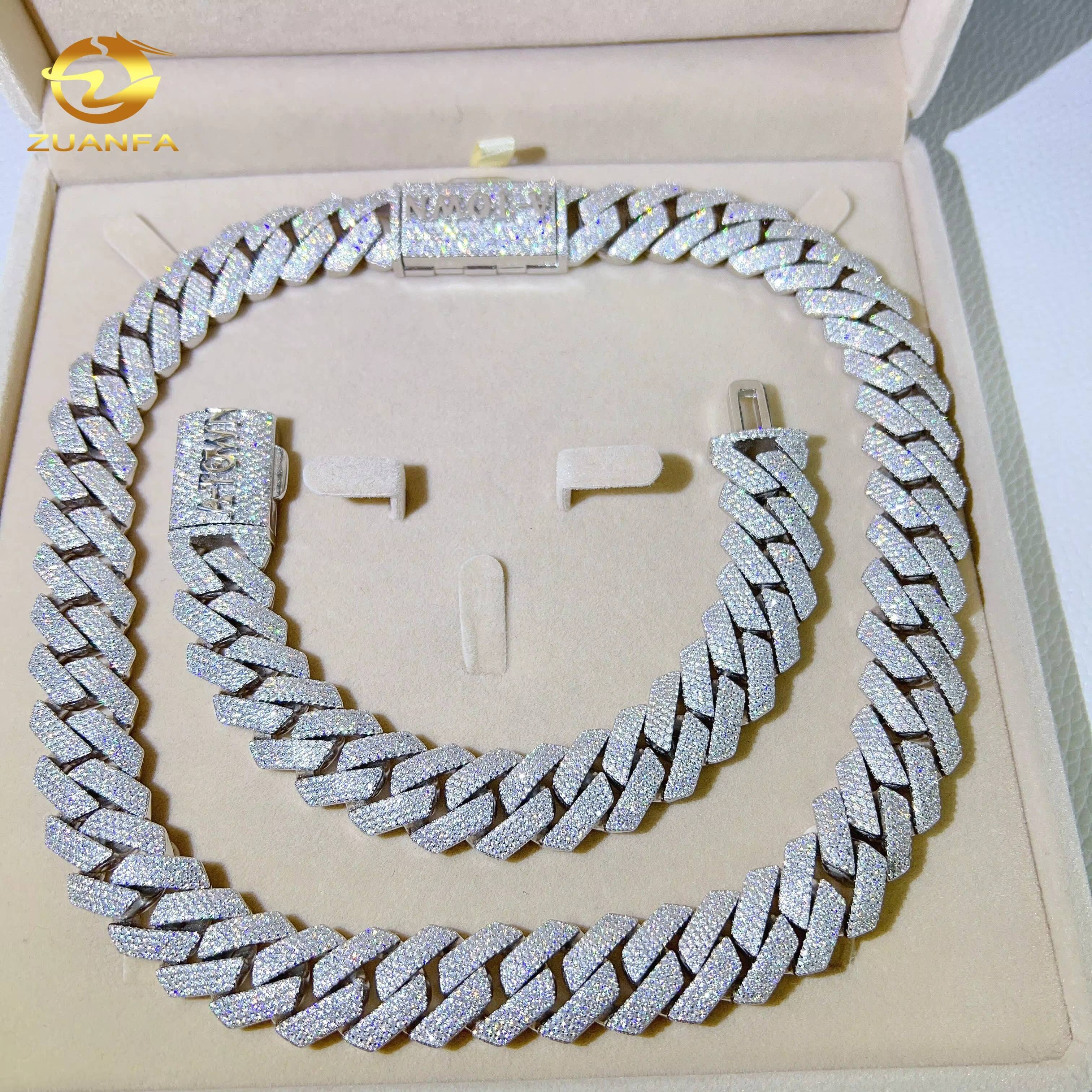 Pass Diamond Tester Gold Plated VVS Moissanite Luxury 925 Sterling Silver Hip Hop Diamond 15MM Width Cuban Link Chain