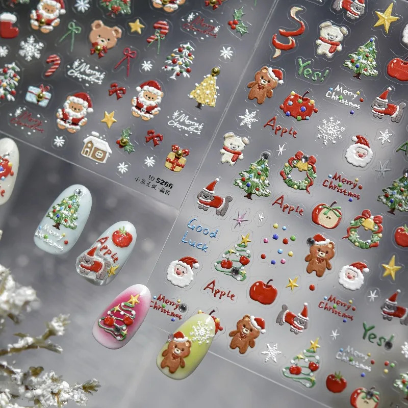 13pcs Christmas Nail Stickers Crystal Diamond Cartoon Tree Apple Back Glue Nail Art Stickers DIY 3D Nails Decorations 251027