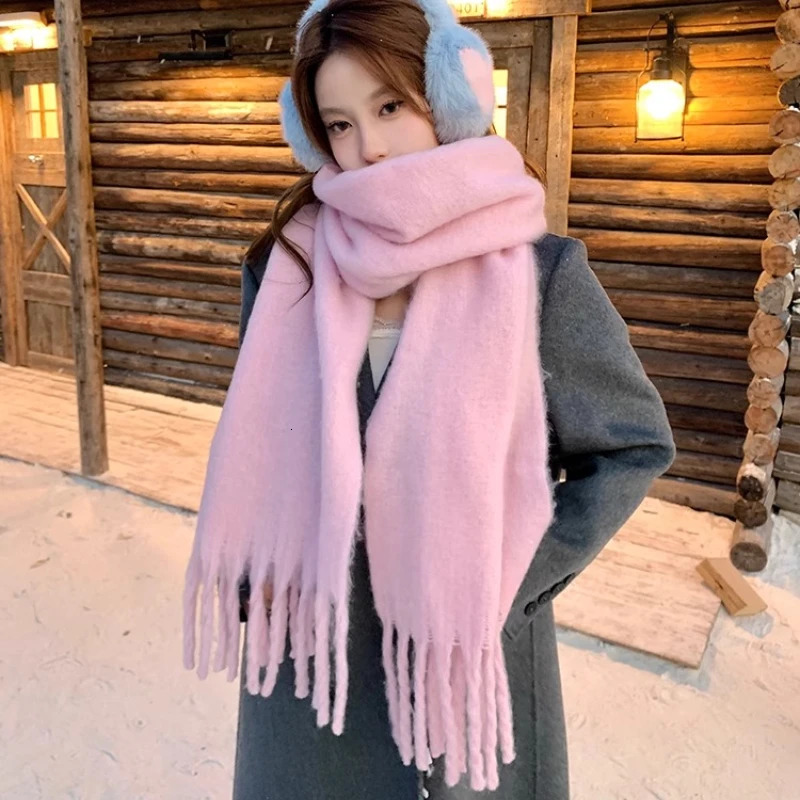 Winter Scarf for Women Cashmere Warm Solid Pink Pashmina Blanket Wraps Female Thick Soft Bufanda Big Tassel Shawl Long Echarpe 251029