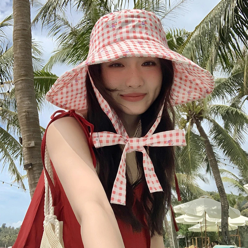 Doublesided Plaid Wideedged Laceup Bucket Hat Summer Outdoor Versatile Sunscreen Sweet Contrasting Color Plaid Womens Caps 251029