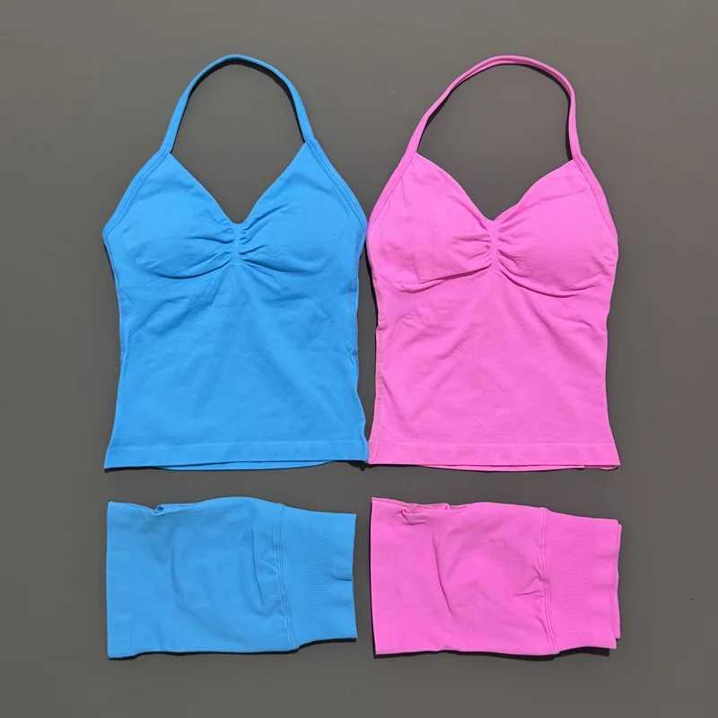 2 Piece Histello Sports Set Women Longline Strappy Top Seamless Yoga Tank Scrunch Butt Workout Shorts Suit Gym Sports SetsXJ251029