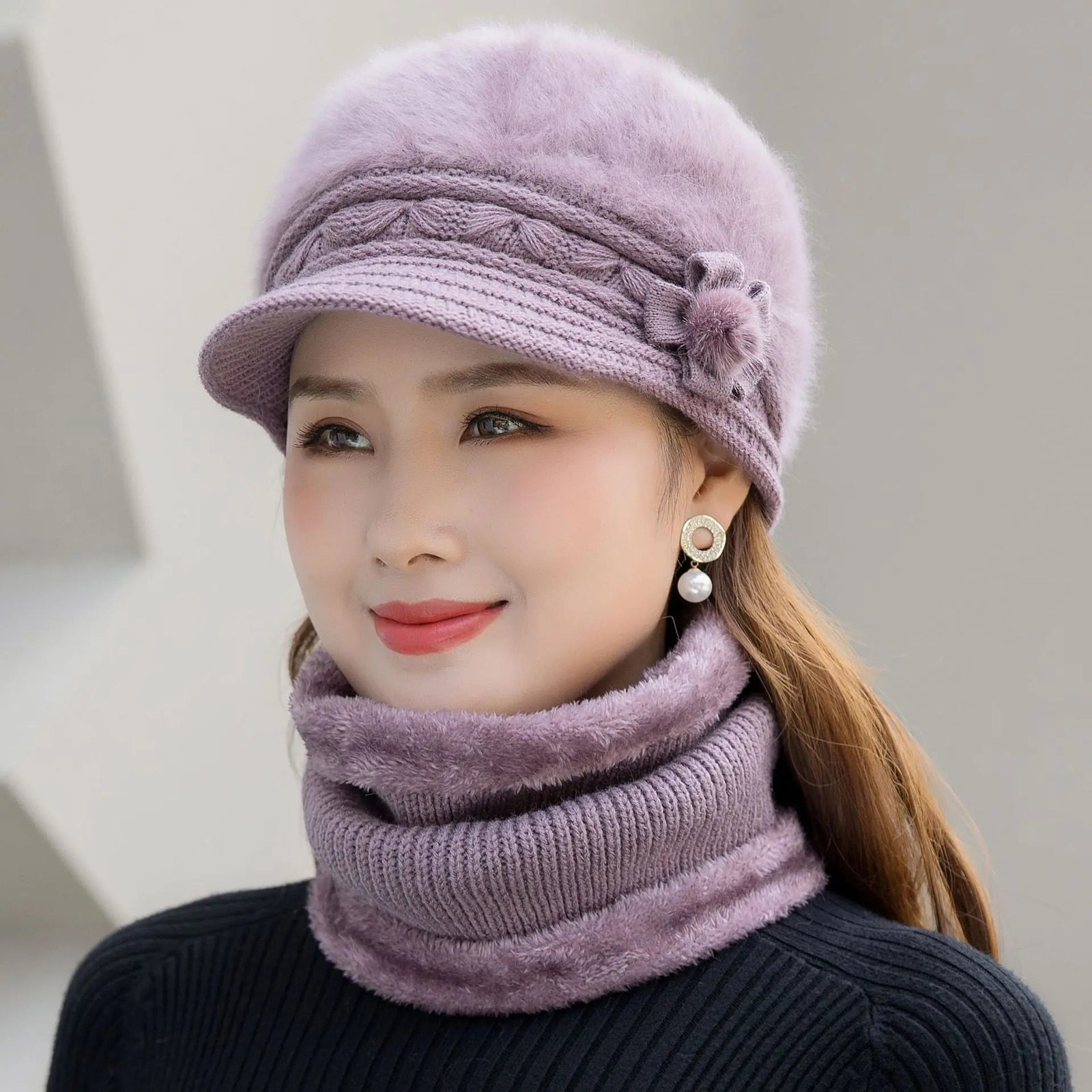 Women Winter Hat Keep Warm Cap Add Fur Lined Hat Scarf Warm Set Fashion Hat For Women Casual Faux Fur Flower Knitted Hat 251029