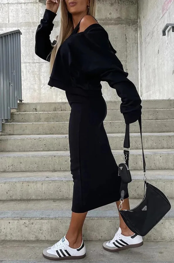 2PcsSet Women Dress Hoodie Set Solid Color Autumn Winter Casual Outfit Vneck Sleeveless Bodycon Vest 251016