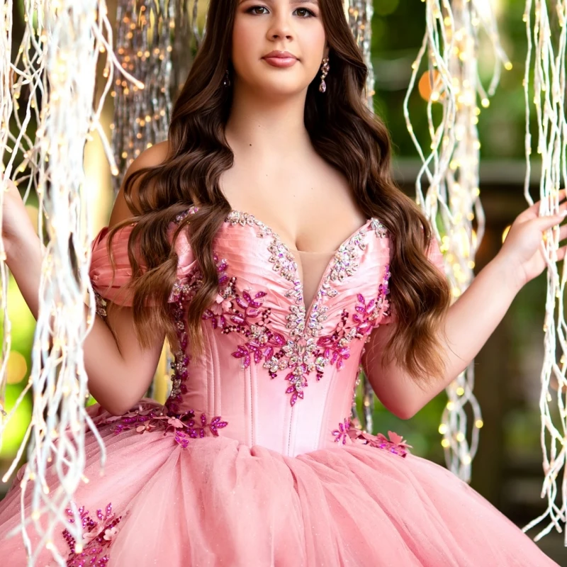 Pink Shiny Ball Gown Quinceanera Dresses Off The Shoulder Applique Flower Beads Bow Tull Party Birthday Sweet 16 Dress Vestidos