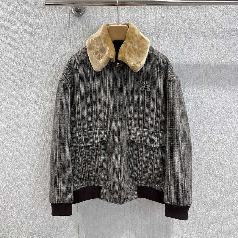 Women's Jackets Designer mm Autumn Winter New Woolen Herringbone Embroidery Color-Block Fur Collar Loose Jacket Coat for Women GUUY