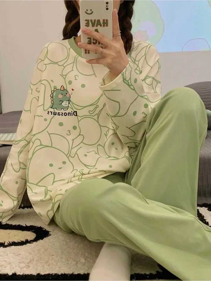 2Piece Womens Casual Pajama Set Dinosaur Print LongSleeve Top Long Pants Suitable for All SeasonsT251029