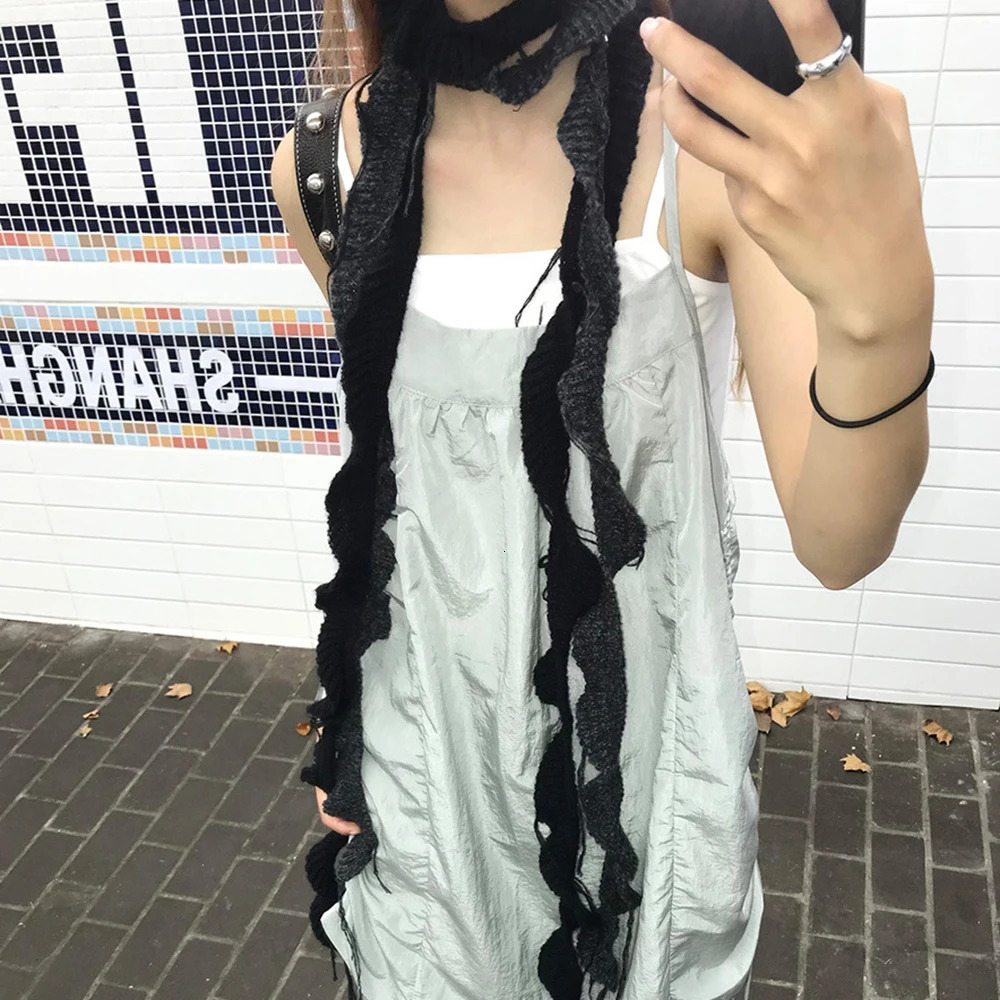 Y2k Girls Ruffle Edge knitted Long Scarf Harajuku Solid Color Skinny Thin Scarf Woman Decorative Scarf Women Tassel Narrow scarf 251029
