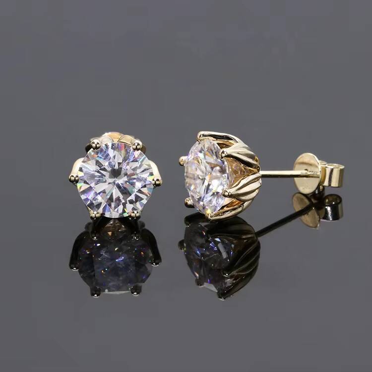 Free Shipping Fine Jewelry Two Carat Round Cut Moissanite Diamond Lotus Shape 14k Solid Yellow Gold Stud Earring