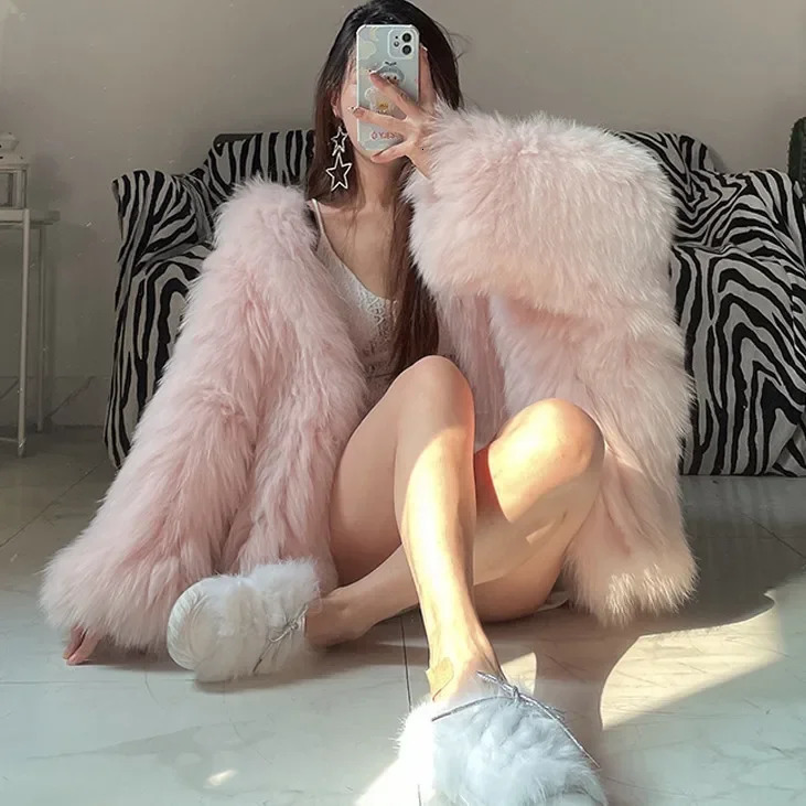 Faux Fur Jackets for Women Autumn Winter Short Bat Full Sleeve Hooded Coats Slim Spliced Thick Coat Loose Open Stitch Jacket 251029