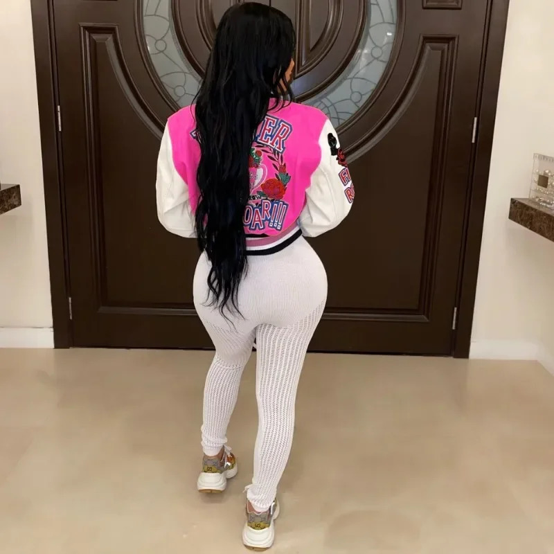 Letter Print Color Patchwork Woolen Varsity Jacket Women Long Sleeve Single Breasted Short Baseball Coat Casual Sporty Outwear 251029
