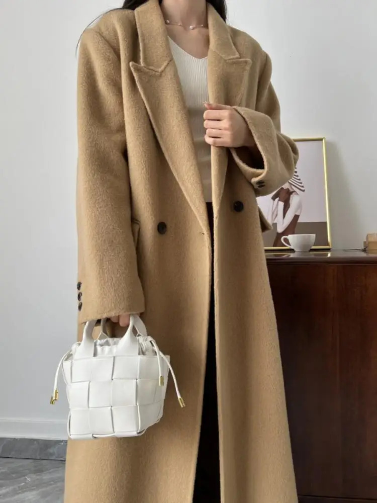 Office Lady Woolen Jackets Autumn And Winter Suit Collar Double Breasted loose Long Womens 100 Wool Coats 251028