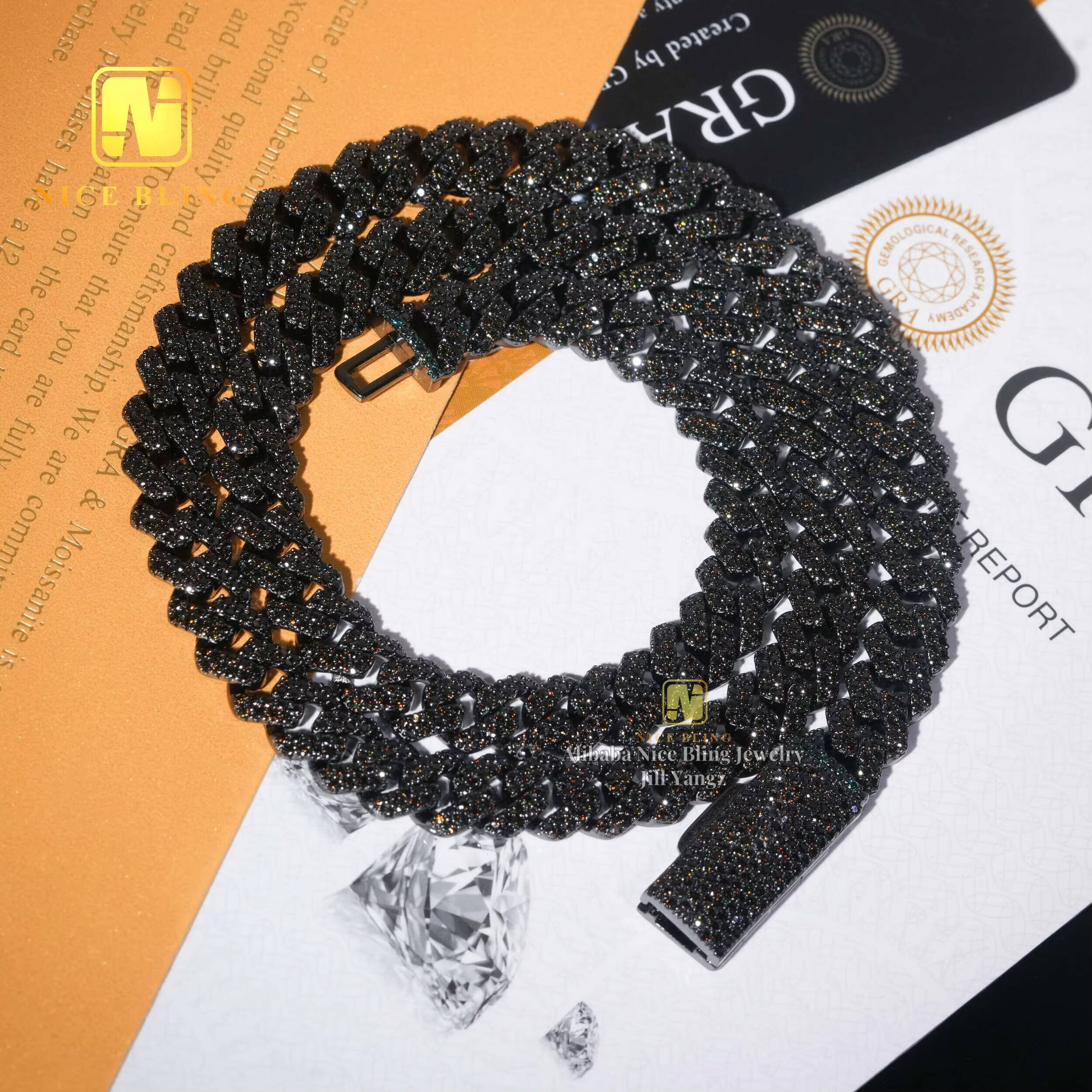 Trending Products 2025 Black Moissanite Cuban Chain 10mm 925 Silver Necklace Iced Out Cuban Link Chain Black Rhodium Plated