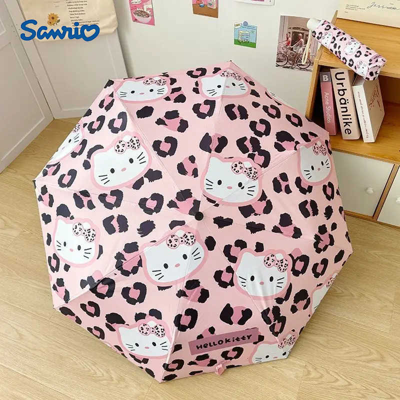 Sanrio Cartoon Sanrio Hello Kitty Umbrella Kawaii Automatic Uv Protection Sun Protection Cute Pink Leopard Print Folding Umbrella L251029
