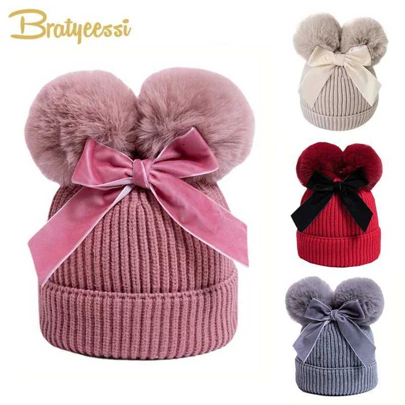 Pompom Baby Winter Hat for Girls Beanie Warm Bow Kids Cap Fur Ball Baby Girl Hat Thicken Snow Children Knitted Hats 636M251028