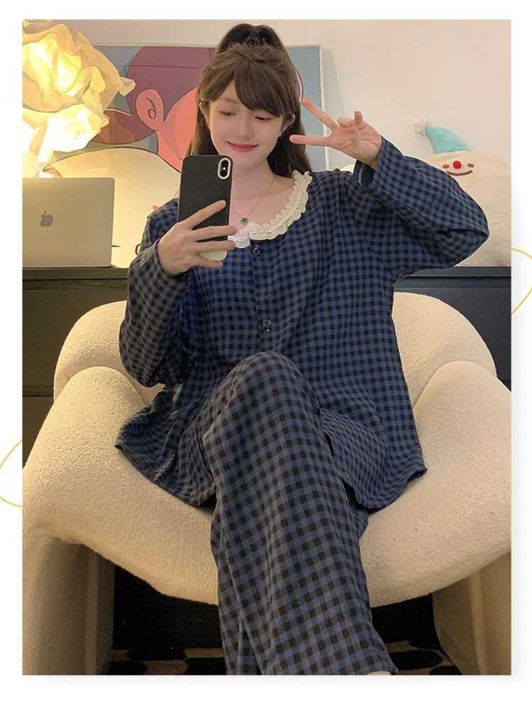 M5XL Large Size Cloud Cotton Spring Autumn Pajamas Womens Korean Students Ins Plaid Sleepwear Longsleeved Loose LoungewearT251029
