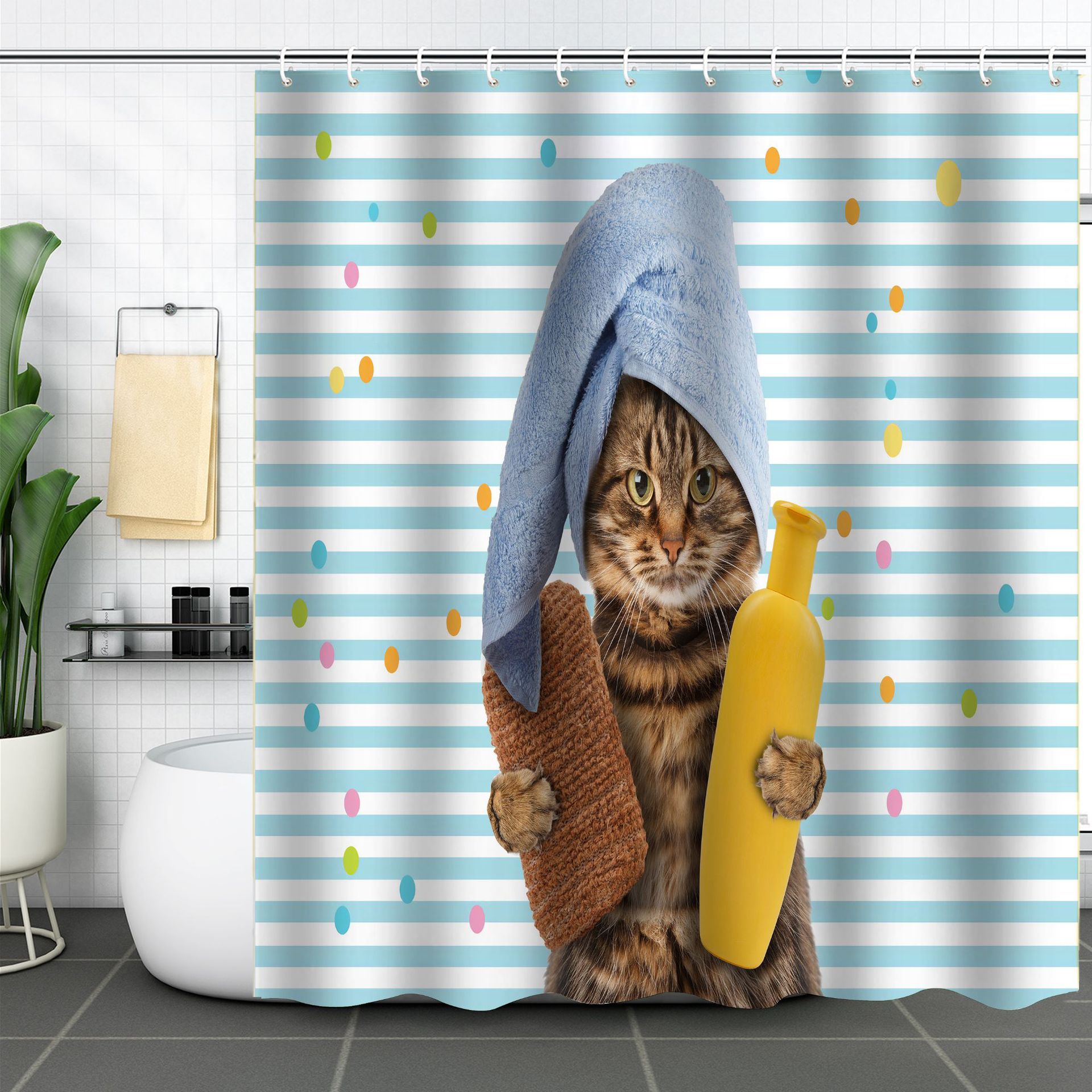 YL-37580 3D digital shower curtain for cat bathing bathroom with dry and wet separation polyester with hooks