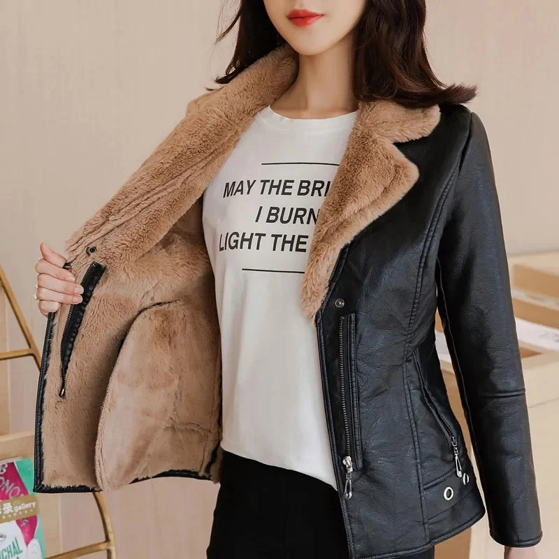 Winter PU Leather Jacket Women Short Blazers Coat Fleece Doublefaced Fur Leather Outerwear Lady Slim Suit Tops Jackets 251029