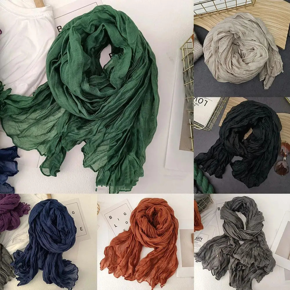 Solid Color Cotton Hemp Scarf Warm Neck Wrap Chic Shawl Pleated Long Scarves Vintage Wrinkled Decor Twisted Soft Muffler 251029
