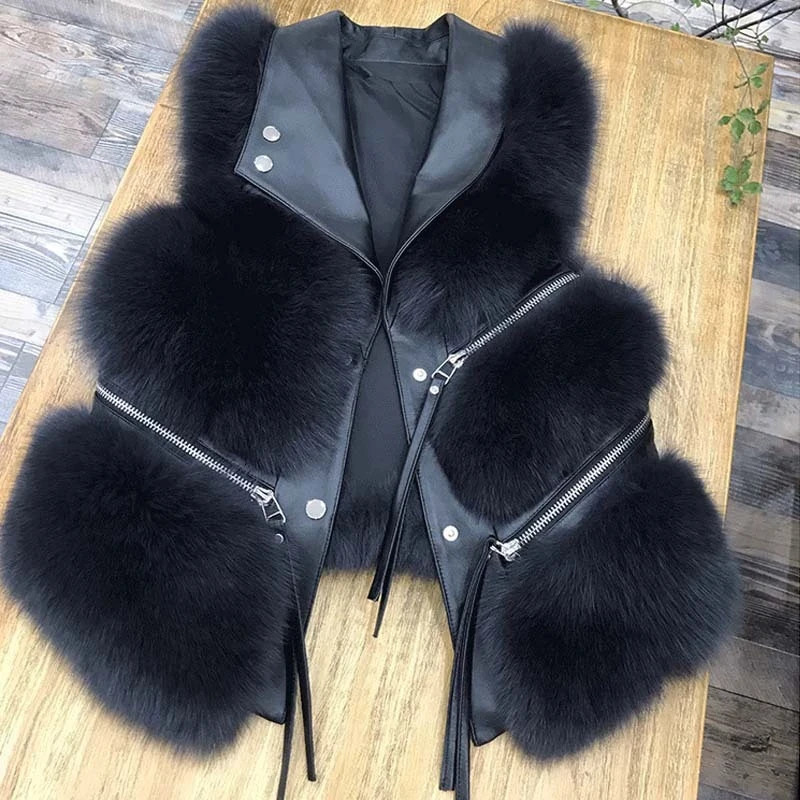 Autumn Winter Splicing Fox Fur Grass Vest Women Short Jacket 2025 Fashion Versatile Sleeveless Lady Waistcoat Coat 251029