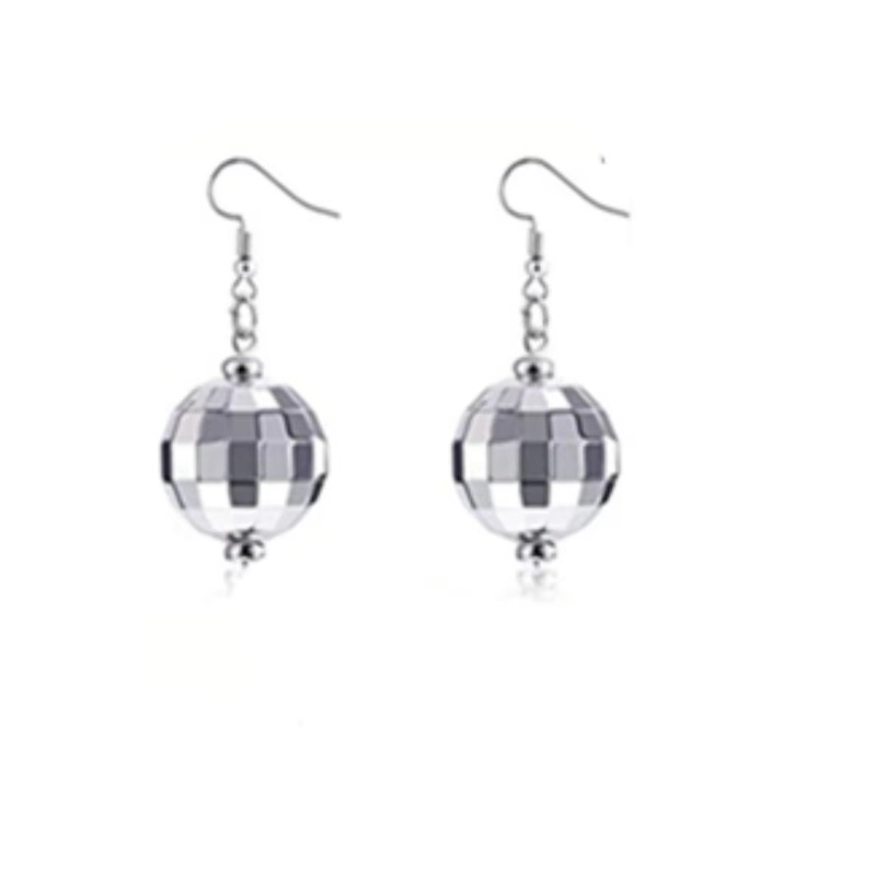 A collection of 6 disco accessories: mirror ball earrings, necklaces, bracelets, sunglasses, and sequined belts. Suitable for stage performances and w