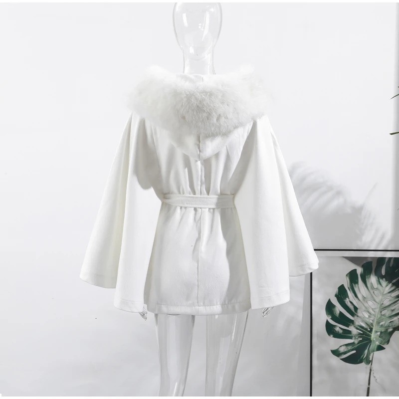 Woolen Collar Womens Coat Jacket Lace Up Hooded Long Sleeve Plush Female Jackets Elegant Autumn Loose Chic Overcoats For Ladies 251029