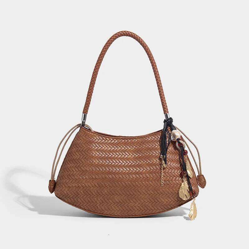 Handmade Weave PU Drawstring Tote Bags For Women Designer Handbags Purse 2025 New Vintage With Inner Pocket Shoulder