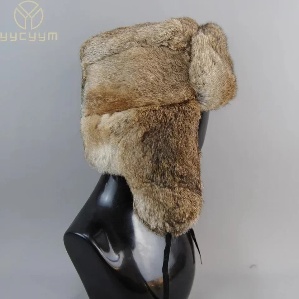 Rabbit Fur Cap Man Winter Genuine 100 Fur Bomber Hat Windproof Warm Earmuffs Male Flat GreyBlack Russian Hat Fitted Casquette 251029