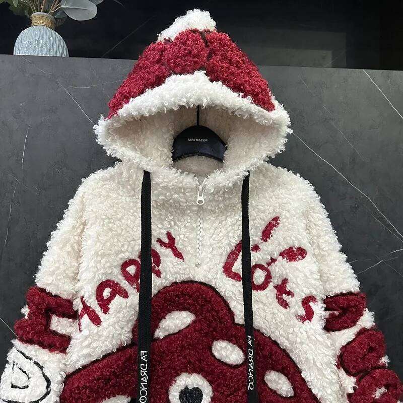 Autumn Winter Heavy Industry Cartoon Lamb Wool Hooded Sweatshirt Jacket For Women's Loose Sweet Y2k Style Top Zipper Coat