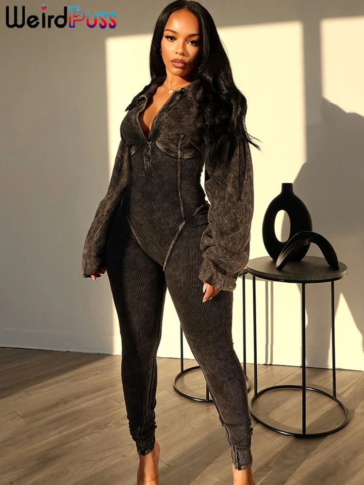 Weird Puss Washed Distressed Jumpsuit Women Ribbed VNeck Solid SKinny Long Sleeve Fall Casual Trend Simple Activity Streetwear 251027