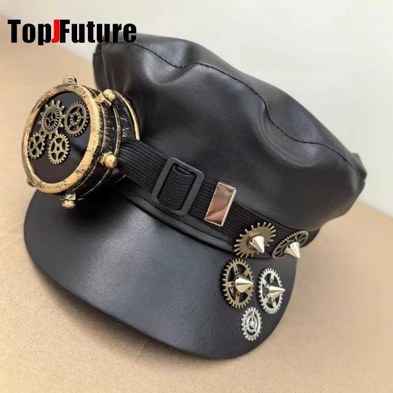 Steampunk Lolita Handmade Gear Monocular Protective Mirror Newspaper Hat Dark Gothic Rivet Duckbill cap Women Men Leather cap