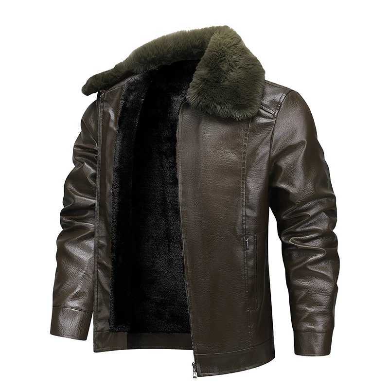 Mens Autumn Winter Fleece Lined PU Leather Jacket Retro Fashion Classic Coat with Removable Collar DecorationT251029