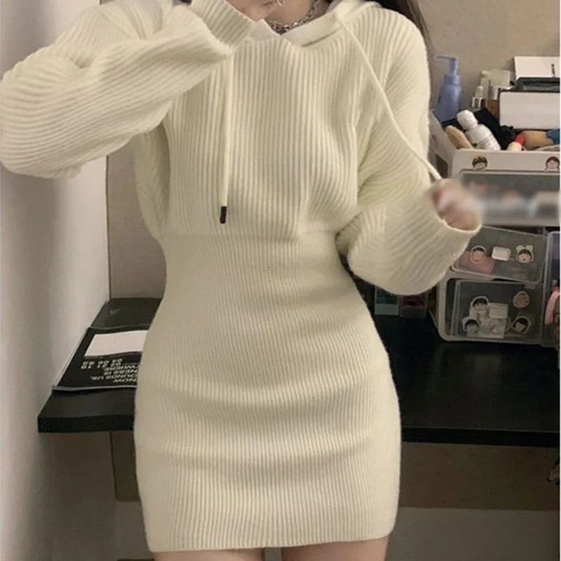 Sexy White Thicken Knit Mini Dress Woman Korean Elastic High Waist Bandage Dresses Women Hooded Outwear Long Sleeve Slim Dress 251029