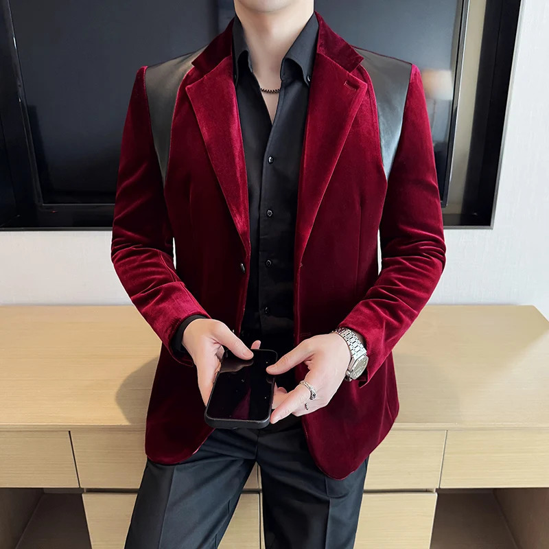 Autumn Winter Men Mercerized Velvet Slim Fit Suit Coats Fashion Leather Splicing Casual Business Formal Party Tailcoat 4XLM 251028