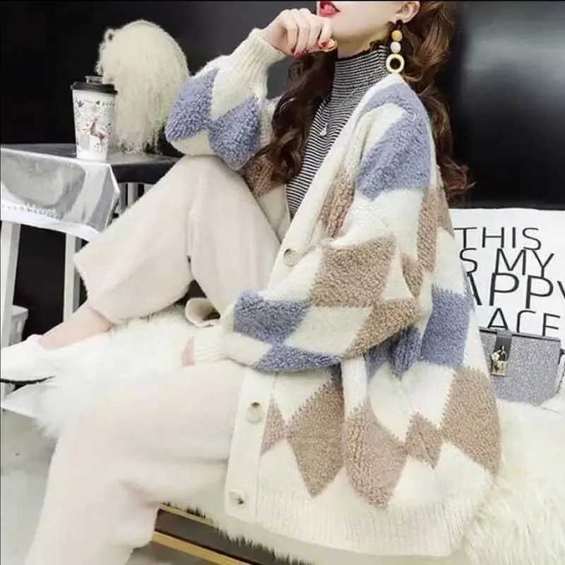 Autumn Loose Vneck Women Knitted Cardigan Sweater Casual Korean Style Jacket Winter Warm Long Sleeve Knitwear J251029
