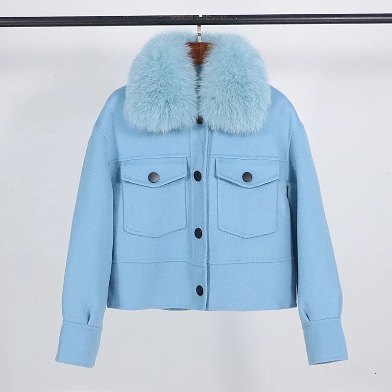 GENHUA 2025 Autumn Winter Fox Fur Collar 10 Cashmere 90 Wool Doublesided Wool Coat Womens Short Casual Loose Wool Coat 251029