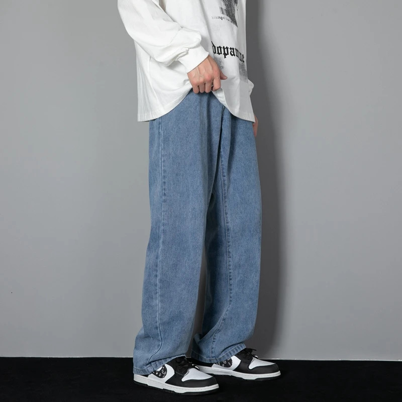 2025 Korean Mens Casual Long Jeans Classic Man Straight Denim Wideleg Pants Solid Color Light Blue Grey Black 251029