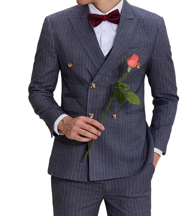 Classic Stripe Men Suit 2 Pieces Jacket Pants Double Breasted Peak Lapel Slim Fit Male Clothing Formal Occasion Business Customized