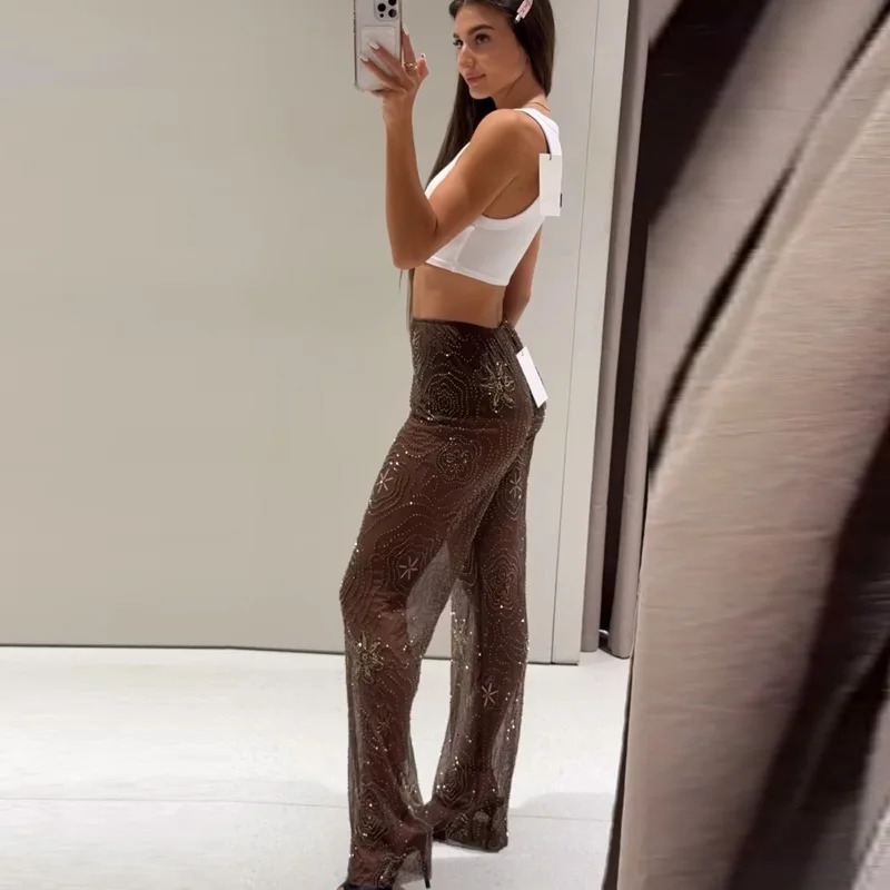 HXAO Womens Pants Spring Summer 2025 Beading Brown Trousers Sequins Translucent High Waist Pants Ladies Streetwear Casual Pants 251029