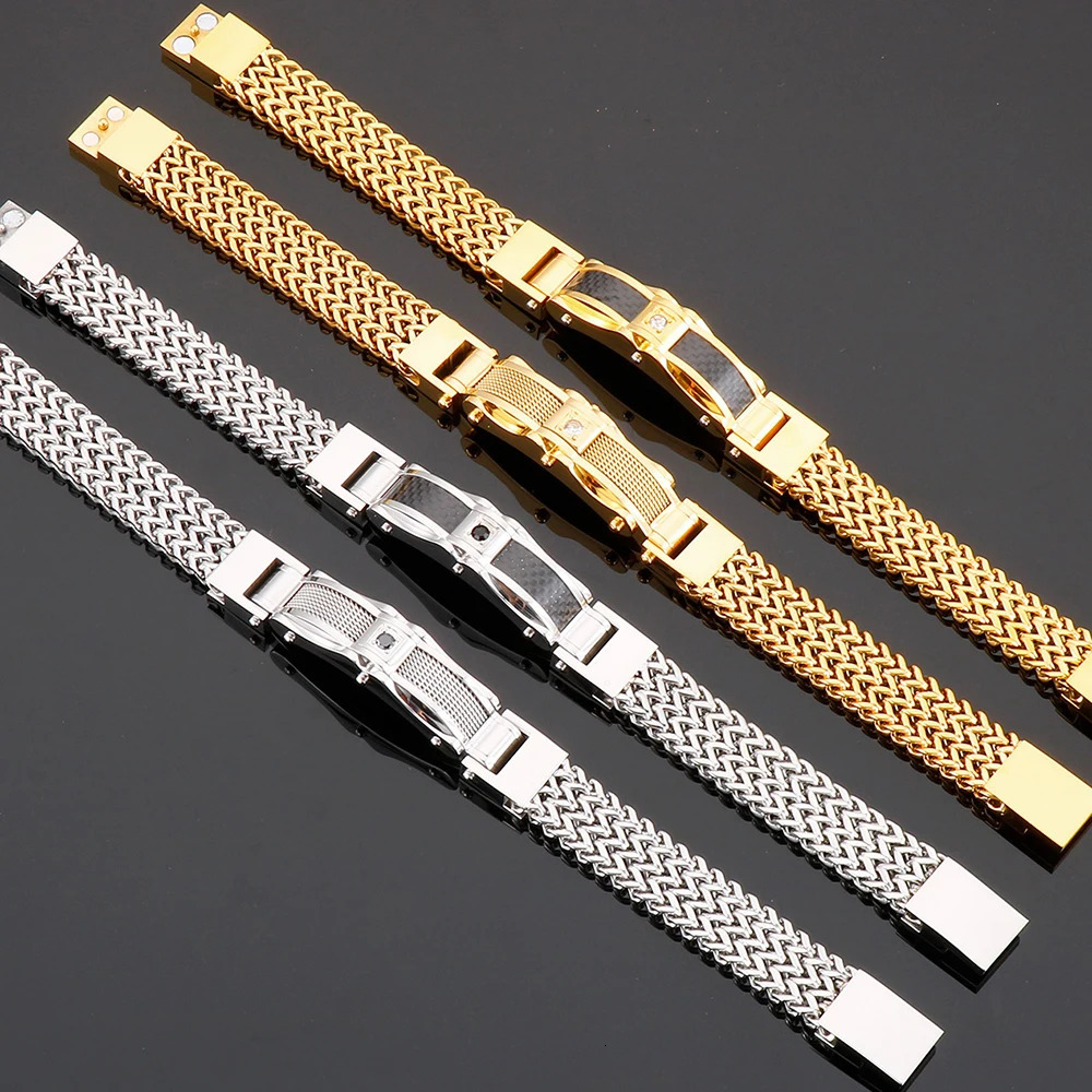 Bracelet for Men Gold Color 12MM Wide Stainless Steel Square Franco Link Chain Mens Wrist Bracelets With Magnet Clasp 251028