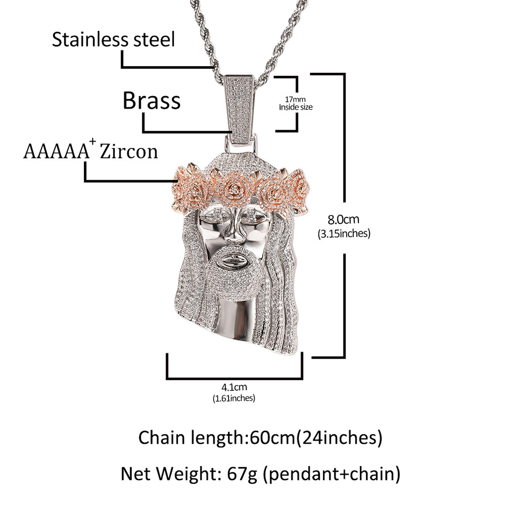 Hip Hop Classic Rose Flower Jesus Pendant Necklace 5A Zircon Real Gold Plated Religious Jewelry