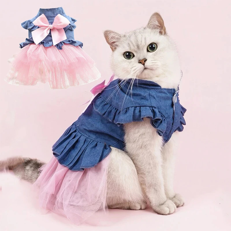 Denim Sphynx Cat Princess Dress Classic Pet Bow Dresses for Cats Gotas mascotas Clothes Puppy Dog Skirt vestidos para perras 251029