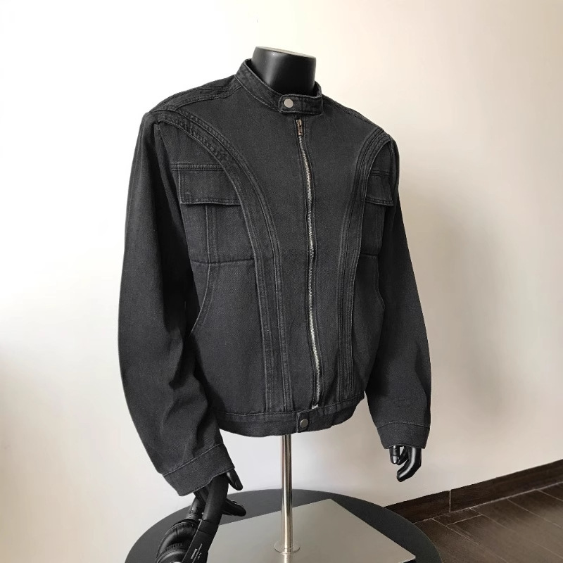 Spring And Autumn Designer Jacket Trendy Brand Deconstructed Heavy Washed Vintage Stand Collar Padded Shoulder Denim Jacket Men's Oversized Zippe