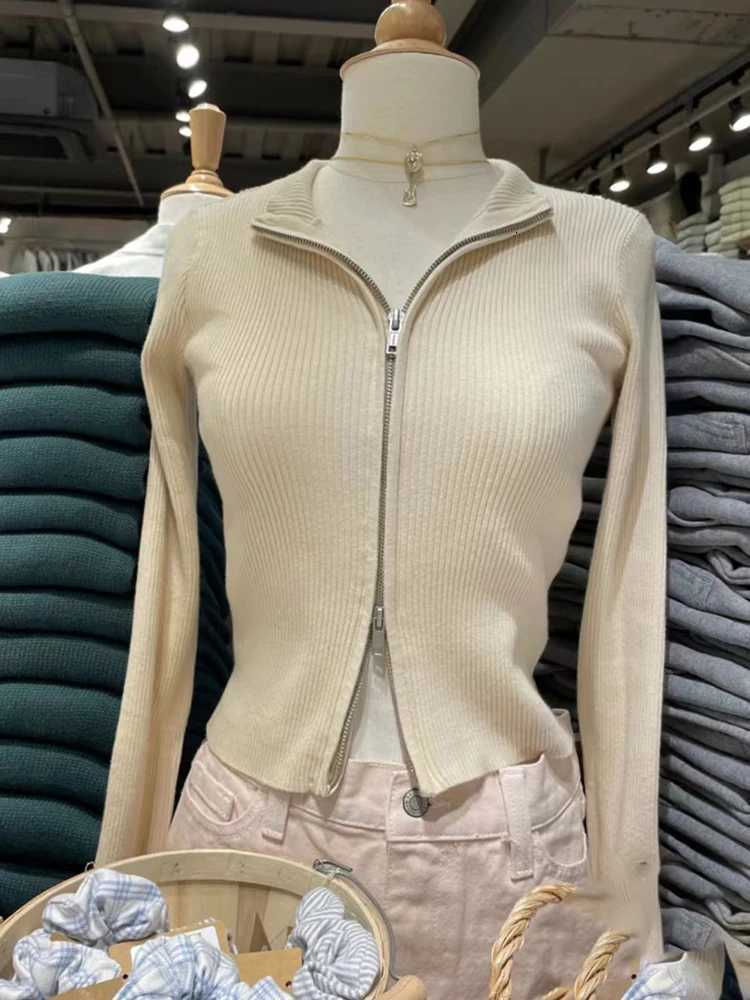 Solid Sexy Slim Knitted Cardigan Sweater Women Autumn Soft Cotton Double Zippers Crop Top Vintage Simple Sweet Cardigan Tops Y2kT251028