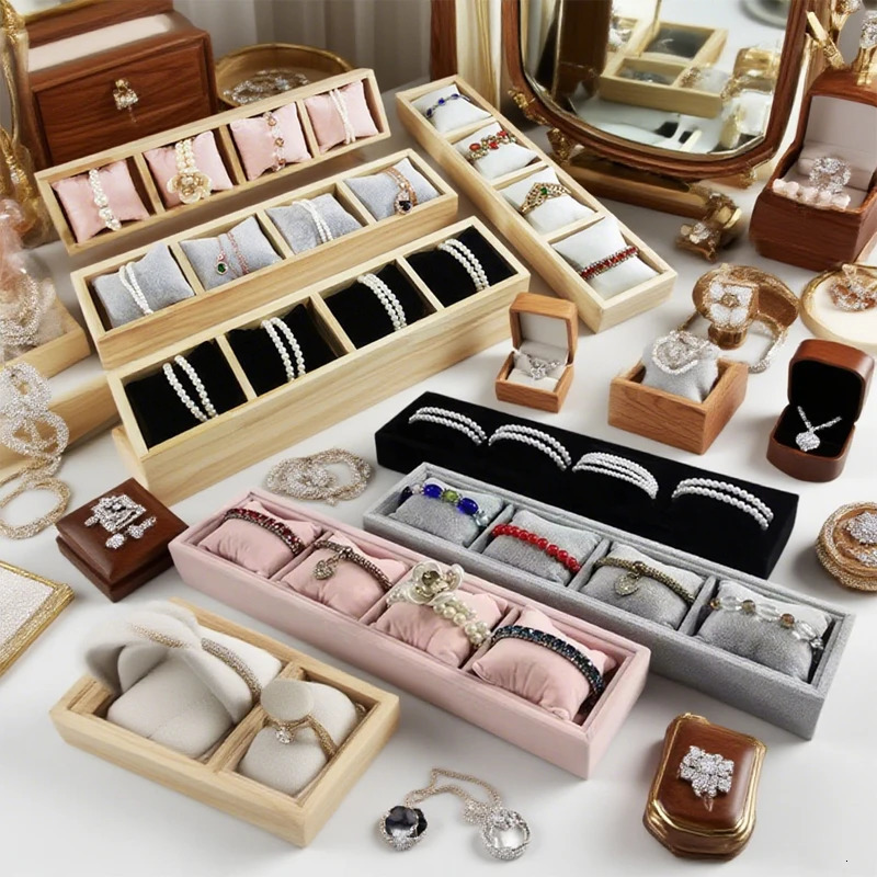 4 Grids Bamboo Wood Velvet Jewelry Organizer Display Tray with Soft PillowNecklaces Bracelet Bangle Watches Storage Holder 251013
